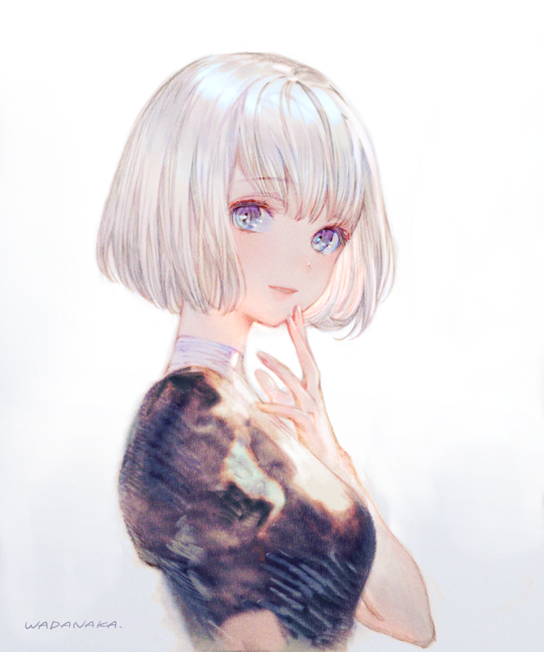 1girl artist_name blue_eyes blush breasts eyebrows_visible_through_hair finger_to_face gradient gradient_background looking_at_viewer medium_breasts original parted_lips puffy_short_sleeves puffy_sleeves short_hair short_sleeves signature sketch smile solo upper_body wadanaka white_hair