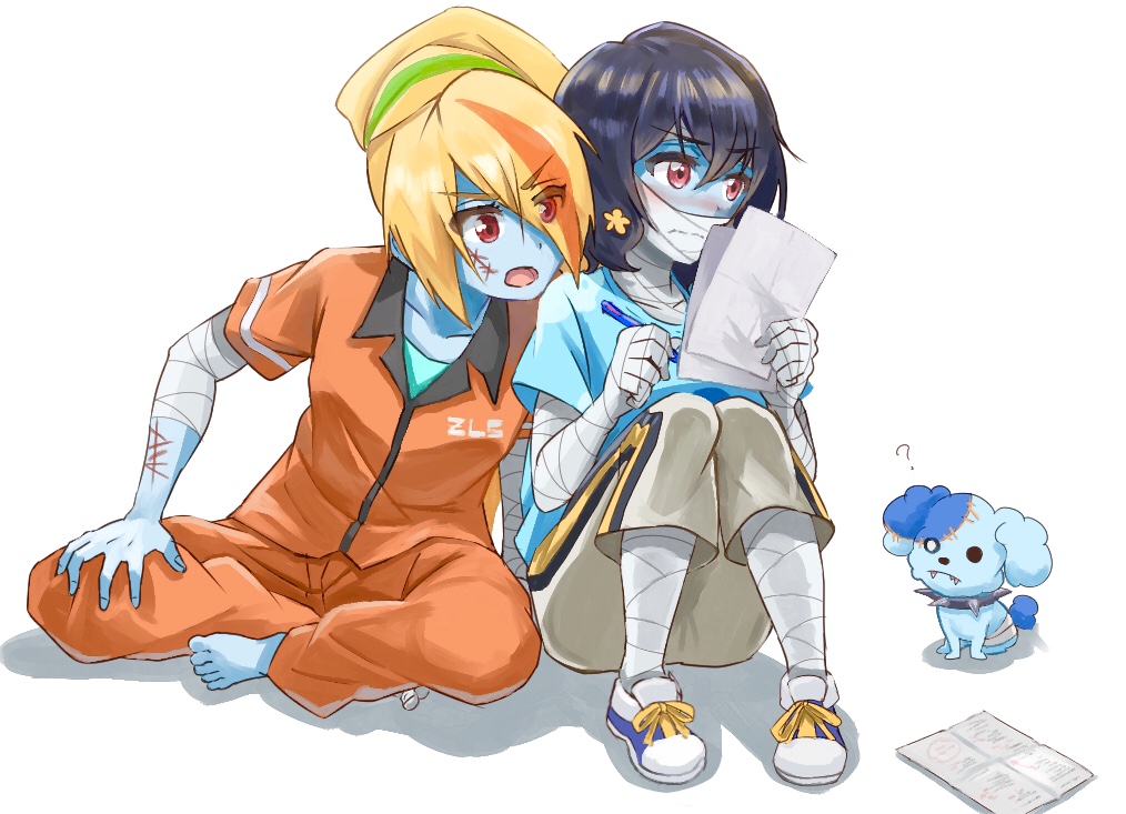 2girls ? bandage_on_face bandaged_arm bandaged_hand bandaged_leg bandages black_hair blonde_hair blue_shirt blue_skin blush collarbone embarrassed flower grey_pants hair_flower hair_ornament high_ponytail holding holding_paper holding_pen indian_style long_hair looking_away mizuno_ai multiple_girls nikaidou_saki orange_pants orange_shirt pants paper pen red_eyes ribbon scar sgen shirt short_hair short_sleeves simple_background sitting white_background yellow_flower yellow_ribbon zombie zombie_land_saga