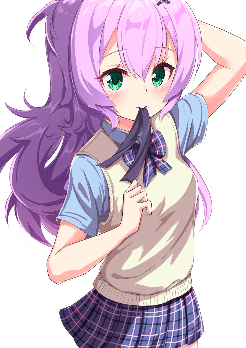 1girl alternate_hairstyle ame. arm_up azur_lane bangs black_ribbon blue_shirt bow breasts closed_mouth collared_shirt commentary_request eyebrows_visible_through_hair green_eyes hair_between_eyes hair_down highres javelin_(azur_lane) long_hair looking_at_viewer mouth_hold plaid plaid_bow plaid_skirt pleated_skirt purple_bow purple_hair purple_skirt ribbon ribbon_in_mouth shirt short_sleeves simple_background skirt small_breasts solo sweater_vest white_background
