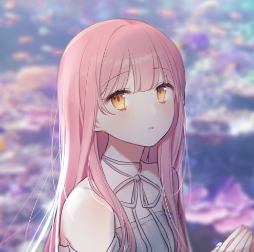 1girl bangs blurry blurry_background blush brown_eyes depth_of_field dress eyebrows_visible_through_hair hands_together hands_up long_hair lowres moffle_(ayabi) neck_ribbon original own_hands_together parted_lips pink_hair ribbon solo strapless strapless_dress white_dress white_ribbon