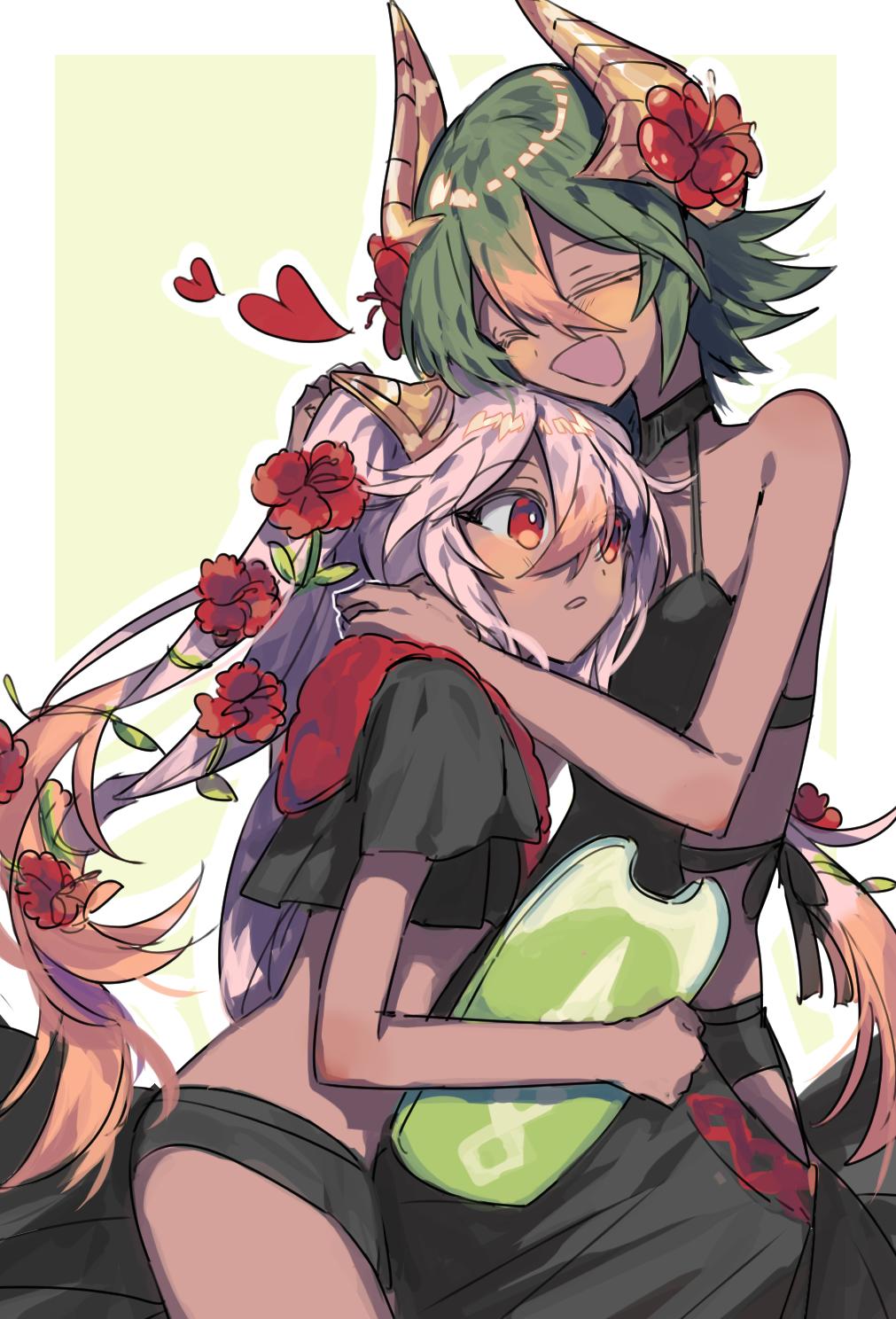 2girls bikini black_swimsuit closed_eyes cropped_jacket dark_skin fire_emblem fire_emblem_heroes flower from_side green_hair hair_flower hair_ornament heart highres hug laegjarn_(fire_emblem_heroes) laevateinn_(fire_emblem_heroes) long_hair multiple_girls open_mouth orange_hair pink_hair plant red_eyes short_hair siblings sisters swimsuit twintails vines welcome_siesta