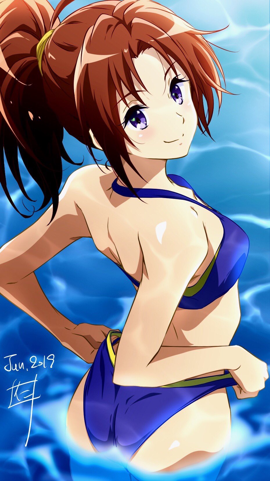 1girl 2019 ass bikini blue_bikini breasts brown_hair closed_mouth dated halterneck hibike!_euphonium high_ponytail highres long_hair looking_at_viewer nakagawa_natsuki nii_manabu shiny shiny_skin shoulder_blades signature small_breasts smile solo standing swimsuit violet_eyes wading