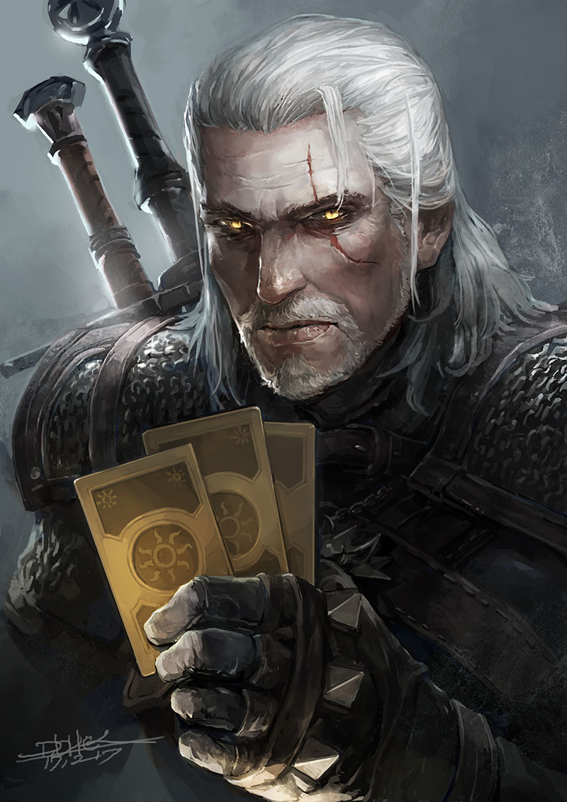 1boy armor artist_request beard card facial_hair geralt_of_rivia gloves long_hair looking_at_viewer male_focus scar scar_across_eye silver_hair solo sword the_witcher the_witcher_3 weapon white_hair yellow_eyes