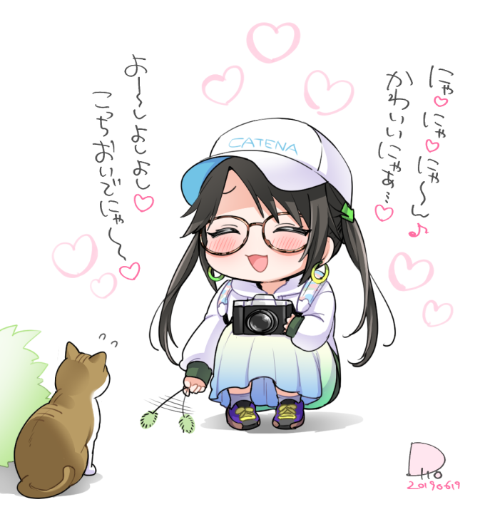 1girl :d ^_^ afterimage animal baseball_cap black_hair blue_skirt blush brown-framed_eyewear bush camera cat cattail chibi closed_eyes clothes_writing commentary_request copyright_request dated earrings eighth_note flip_(diiolive) flying_sweatdrops glasses hat heart holding holding_camera hood hood_down hoodie hoop_earrings jewelry long_hair long_sleeves musical_note open_mouth plant pleated_skirt purple_footwear shoes signature skirt sleeves_past_wrists smile sneakers socks solo squatting translation_request twintails very_long_hair white_background white_headwear white_hoodie white_legwear