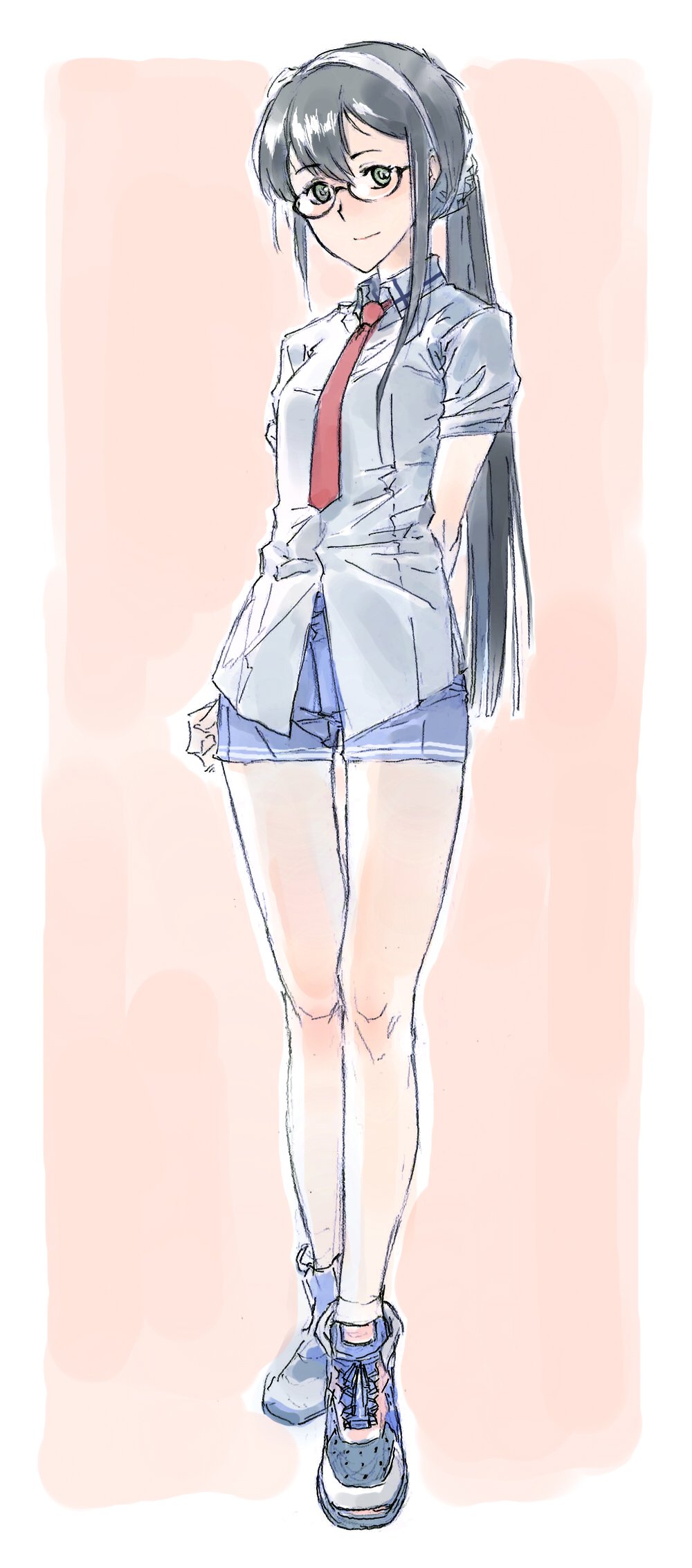 1girl adapted_costume alternate_costume black_hair blue_eyes blue_footwear blue_shorts dress dress_lift hairband highres kantai_collection long_hair looking_at_viewer low_twintails necktie ooyodo_(kantai_collection) ponytail red_neckwear semi-rimless_eyewear shirt shoes short_sleeves shorts sneakers solo standing suzumaru twintails two-tone_background under-rim_eyewear white_shirt