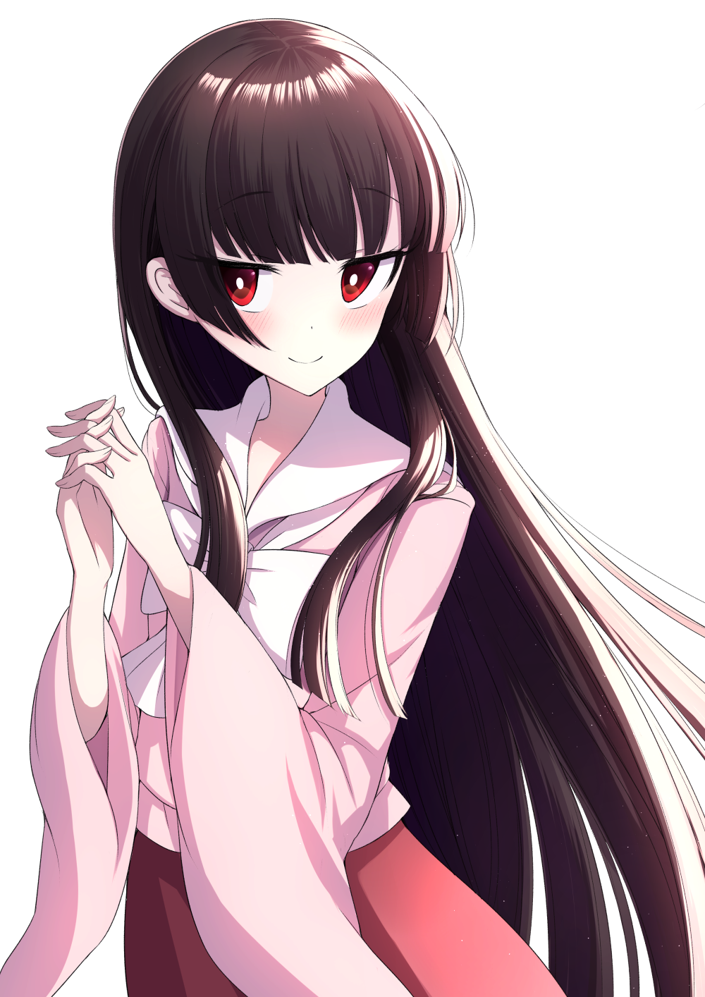1girl arms_up bangs black_hair blouse blunt_bangs blush bow bright_pupils commentary_request cowboy_shot eyebrows_visible_through_hair hands_together highres hime_cut houraisan_kaguya interlocked_fingers long_hair long_sleeves looking_at_viewer pink_blouse red_eyes red_skirt sidelocks simple_background skirt smile solo standing touhou tsukimirin very_long_hair white_background white_bow white_neckwear white_pupils wide_sleeves