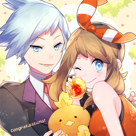 1boy 1girl ;&gt; ;) blue_hair blush brown_hair congratulations cravat gen_3_pokemon hair_ribbon haruka_(pokemon) jewelry looking_at_viewer lowres miyamotokannn one_eye_closed pokemon pokemon_(game) pokemon_oras ribbon ring short_hair smile stuffed_toy torchic triangle_mouth tsuwabuki_daigo