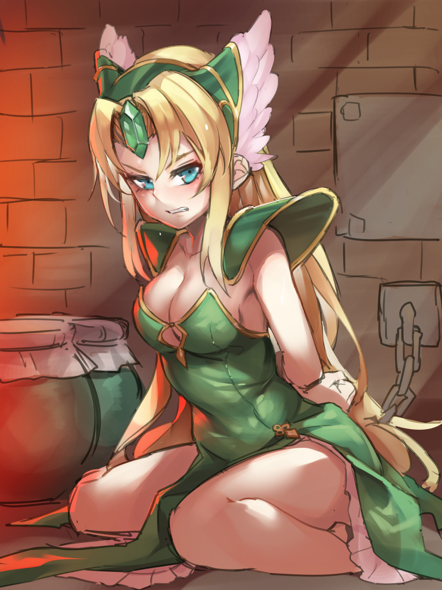 1girl arms_behind_back asutora blonde_hair blue_eyes bound bound_wrists breasts brick_wall chain clenched_teeth commentary_request dress dungeon forehead_jewel green_dress helmet highres indoors jar long_hair looking_at_viewer medium_breasts pauldrons riesz seiken_densetsu seiken_densetsu_3 sitting sketch solo strapless strapless_dress teeth very_long_hair wariza winged_helmet