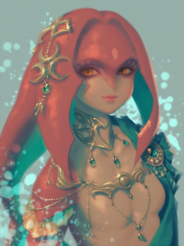 1girl bellhenge fins fish_girl hair_ornament jewelry long_hair looking_at_viewer mipha monster_girl multicolored multicolored_skin no_eyebrows red_skin redhead simple_background smile solo the_legend_of_zelda the_legend_of_zelda:_breath_of_the_wild yellow_eyes zora