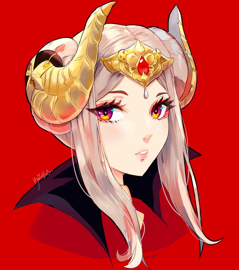 1girl artist_request blonde_hair blue_eyes cape edelgard_von_hresvelgr_(fire_emblem) fire_emblem fire_emblem:_three_houses hair_ornament horns long_hair looking_at_viewer red_background simple_background solo