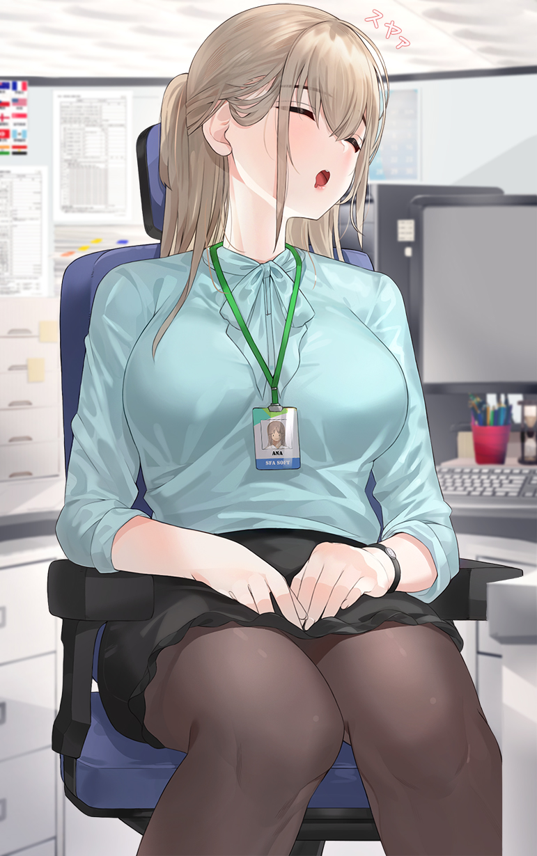 1girl blush breasts chair closed_eyes computer cubicle drooling half_updo highres keyboard_(computer) kfr monitor office office_lady open_mouth original sitting sleeping solo teeth