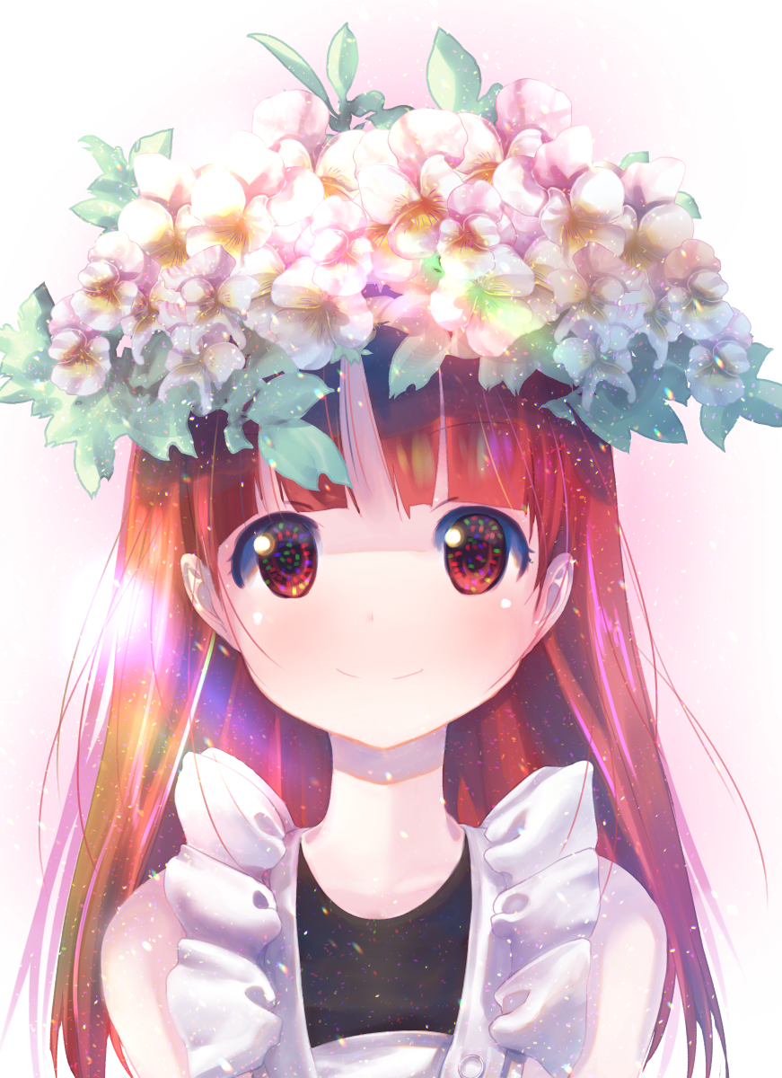 1girl bangs commentary_request flower flower_on_head highres kemurikusa long_hair looking_at_viewer red_eyes redhead rina_(kemurikusa) simple_background smile solo straight_hair usapenpen2019 wreath