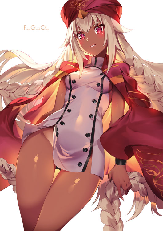 1girl aguy black_panties braid copyright_name cowboy_shot dark_skin dress fate/grand_order fate_(series) lakshmibai_(fate/grand_order) long_hair looking_at_viewer panties parted_lips red_dress red_eyes red_headwear red_sleeves shiny shiny_skin short_dress simple_background smile solo twin_braids underwear white_background white_hair