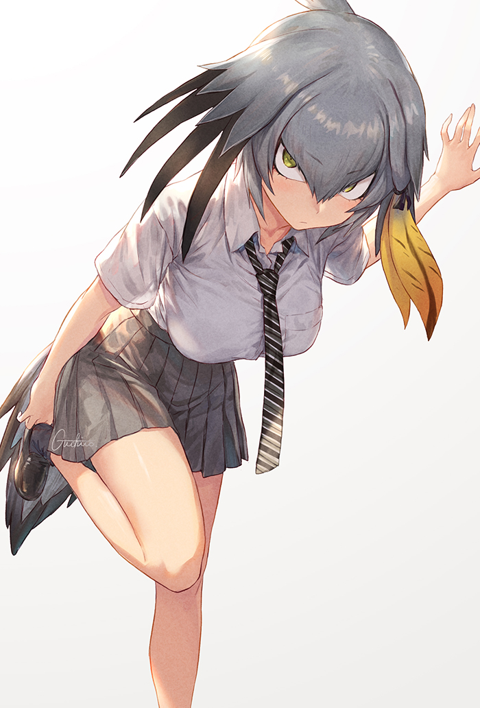 1girl against_wall alternate_costume bangs bare_legs bird_tail black_hair blonde_hair blush breast_pocket breasts collared_shirt eyebrows_visible_through_hair green_eyes grey_hair grey_neckwear grey_skirt guchico hair_between_eyes hair_tie kemono_friends large_breasts looking_at_viewer multicolored_hair necktie pleated_skirt pocket school_uniform shirt shoebill_(kemono_friends) short_hair short_sleeves simple_background skirt solo standing standing_on_one_leg striped striped_neckwear white_shirt