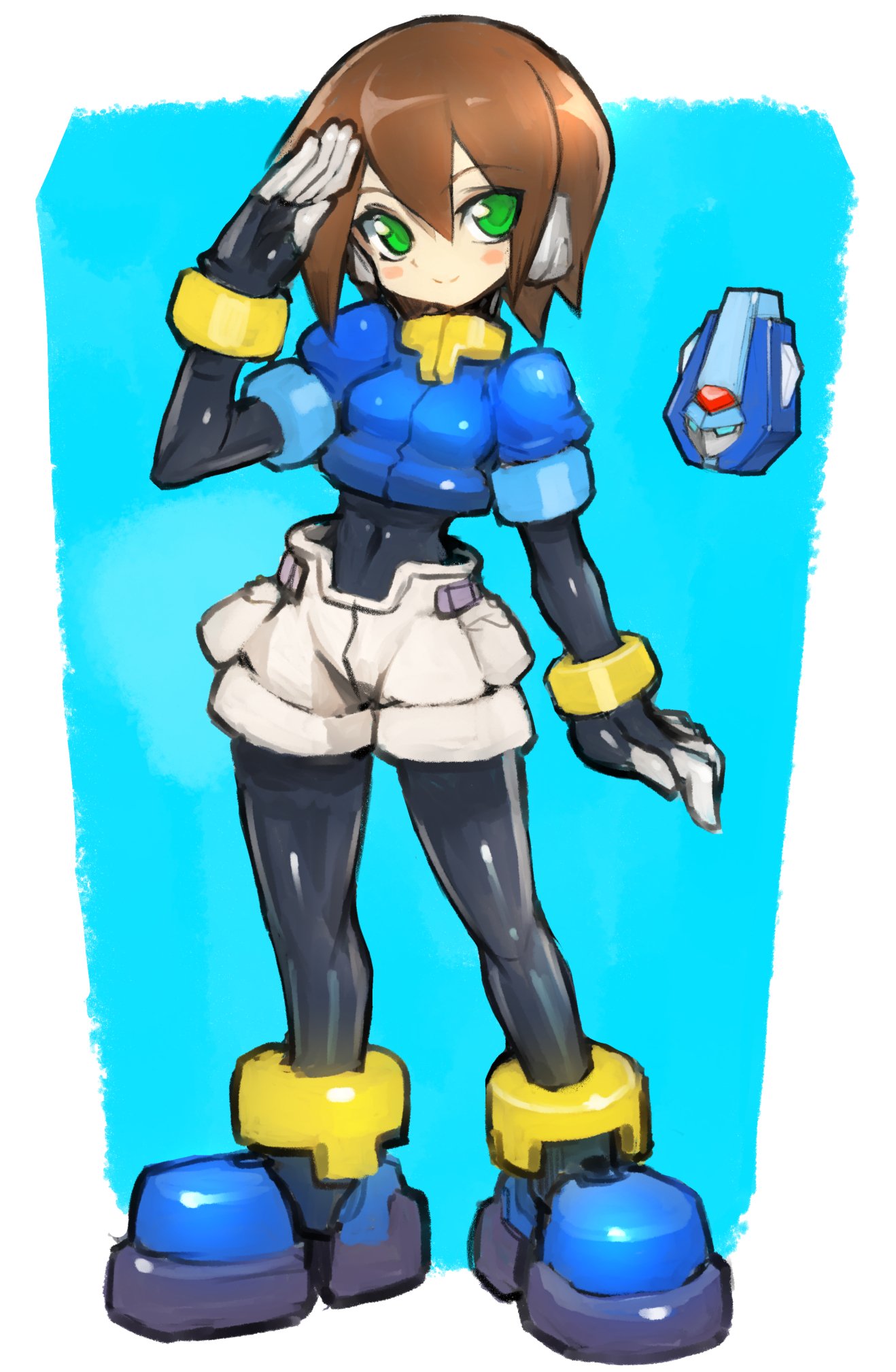1girl aile bangs blue_background blue_footwear blush bodystocking bracelet brown_hair dakusuta full_body green_eyes hair_between_eyes highres jewelry livemetal model_x puffy_short_sleeves puffy_sleeves robot_ears rockman rockman_zx salute short_hair short_shorts short_sleeves shorts simple_background smile solo standing white_shorts