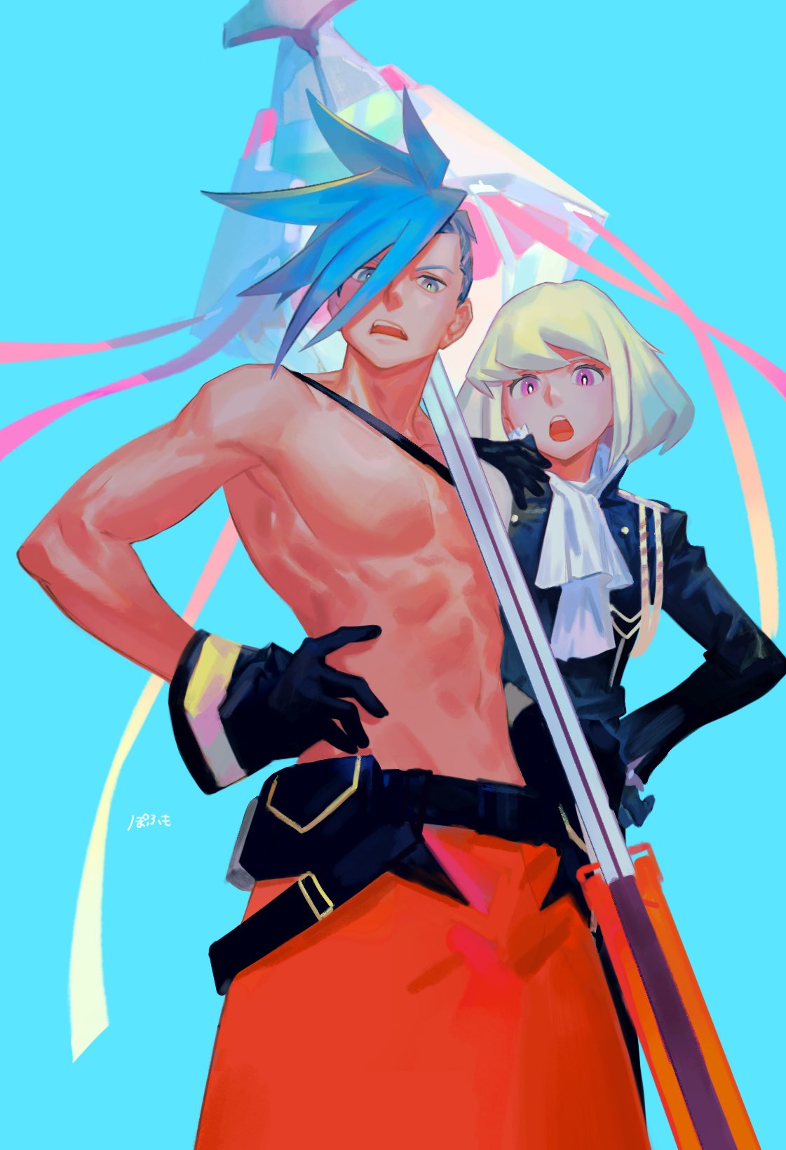 2boys black_gloves black_jacket blonde_hair blue_eyes blue_hair chest cravat galo_thymos gloves hand_on_another's_shoulder hand_on_hip highres jacket lio_fotia male_focus multiple_boys open_mouth pofu31 polearm promare shirtless spear spiky_hair violet_eyes weapon