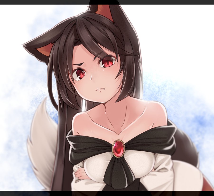 1girl animal_ears bangs bare_shoulders breasts brooch brown_hair collarbone commentary_request crossed_arms dress eyebrows_visible_through_hair fang fang_out imaizumi_kagerou jewelry letterboxed long_hair long_sleeves looking_at_viewer medium_breasts off-shoulder_dress off_shoulder red_eyes solo tail tamahana touhou upper_body white_background white_dress wolf_ears wolf_tail
