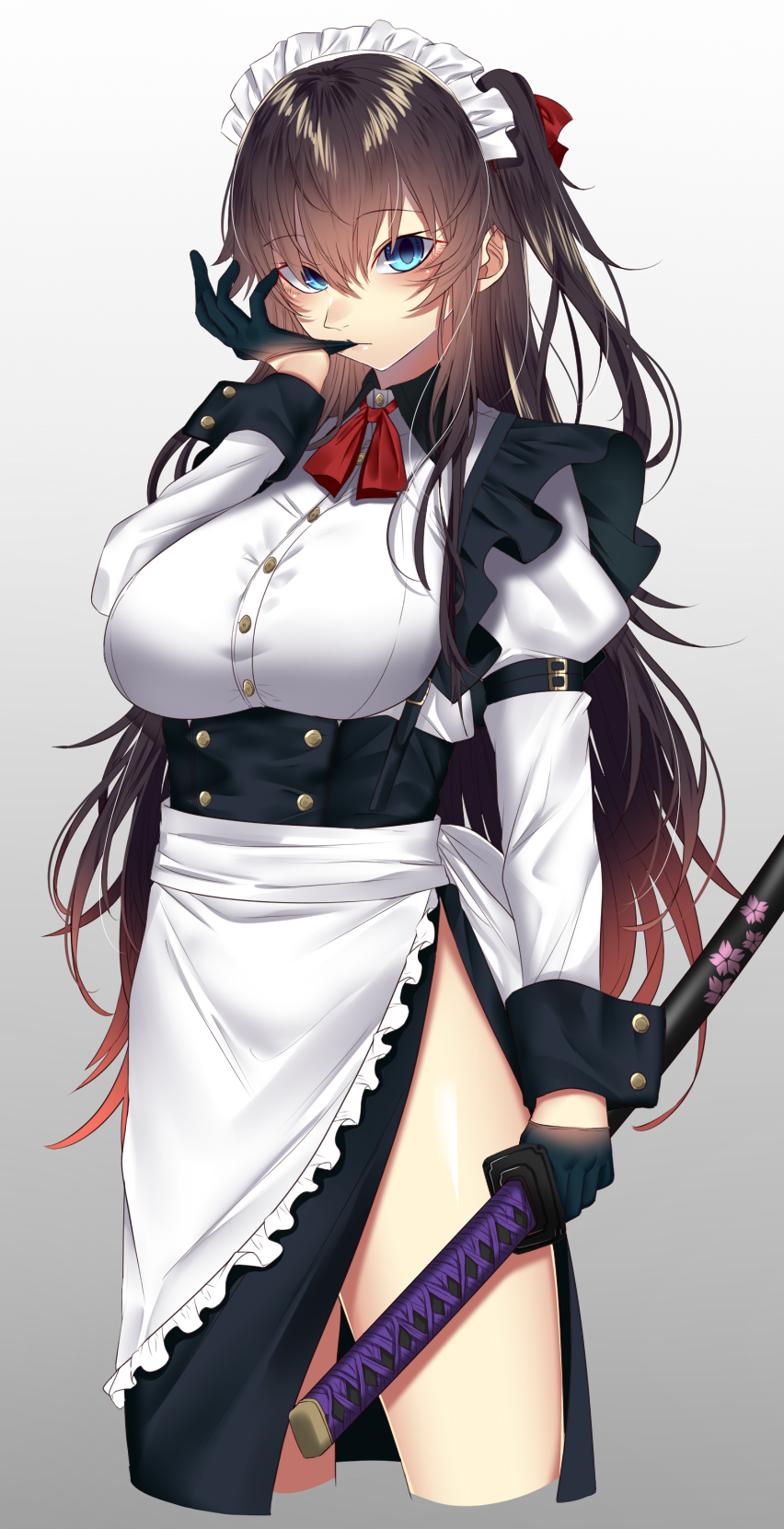 1girl black_gloves blue_eyes breasts brown_hair eyebrows_visible_through_hair gloves highres holding holding_sword holding_weapon large_breasts long_hair looking_at_viewer maid maid_headdress onineko-chan original sheath sheathed solo sword very_long_hair weapon