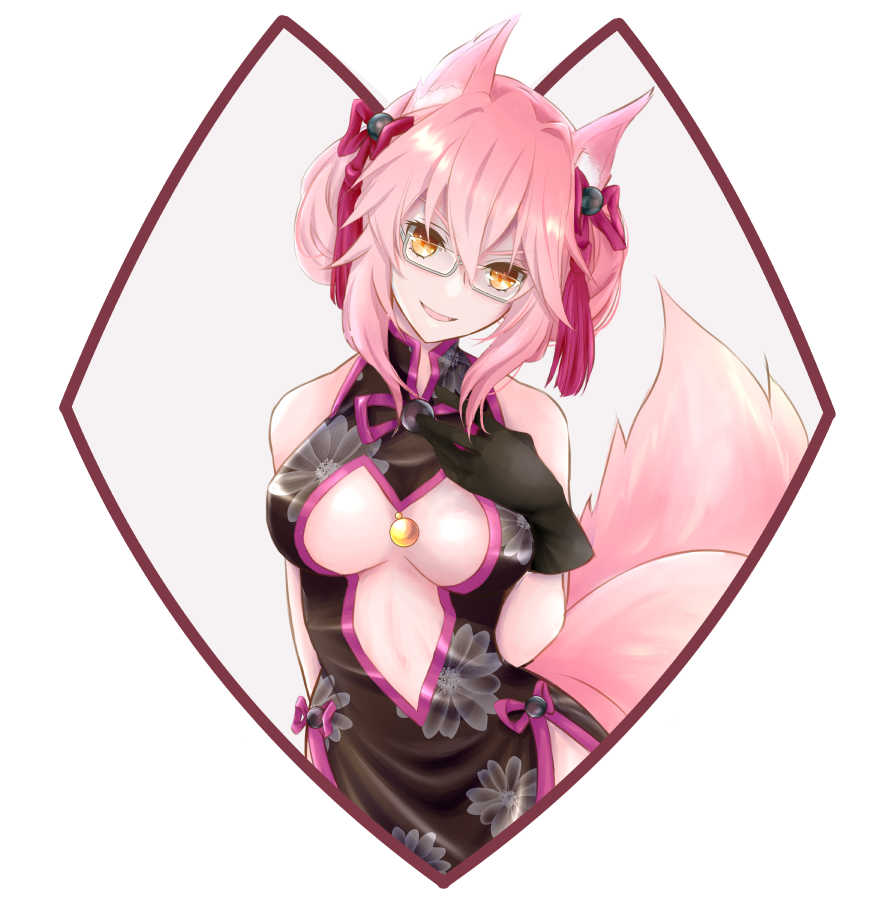 animal_ear_fluff animal_ears bangs bare_shoulders black_dress black_gloves china_dress chinese_clothes dress fate/grand_order fate_(series) fox_ears glasses gloves hair_between_eyes hair_ornament koyanskaya looking_at_viewer pink_hair sidelocks smile solo tamamo_(assassin)_(fate) tamamo_(fate)_(all) tamamo_no_mae_(fate) type-moon ura_komaru yellow_eyes