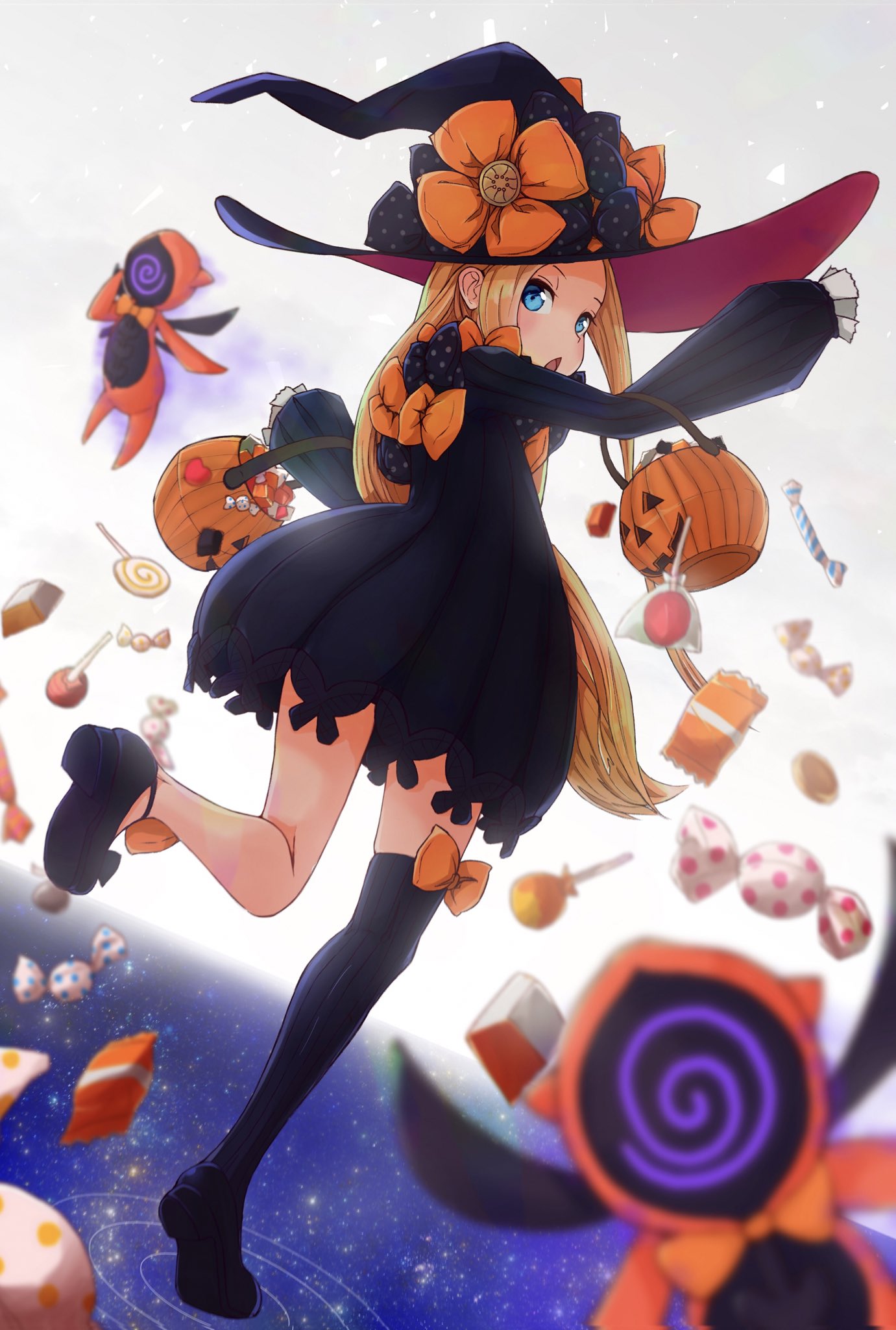 1girl abigail_williams_(fate/grand_order) back blonde_hair blue_eyes blush candy dress fate/grand_order fate_(series) food hat highres jack-o'-lantern kopaka_(karda_nui) lollipop long_hair looking_at_viewer mary_janes open_mouth purple_dress purple_legwear shoes single_thighhigh sleeves_past_wrists solo thigh-highs witch_hat