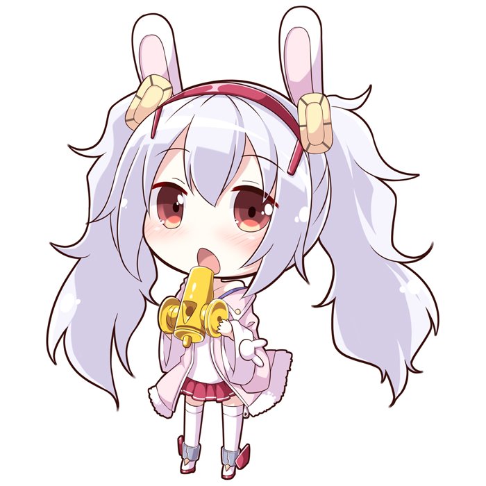 1girl animal_ears azur_lane bangs bare_shoulders blush brown_eyes camisole chibi commentary_request eyebrows_visible_through_hair full_body hair_between_eyes hairband holding holding_instrument instrument instrument_request jacket laffey_(azur_lane) long_hair long_sleeves memorii_(memory_0w0) music off_shoulder open_clothes open_jacket open_mouth pink_jacket playing_instrument pleated_skirt rabbit_ears red_hairband red_skirt rudder_footwear shoes silver_hair simple_background skirt solo standing thigh-highs twintails very_long_hair white_background white_camisole white_footwear white_legwear wide_sleeves