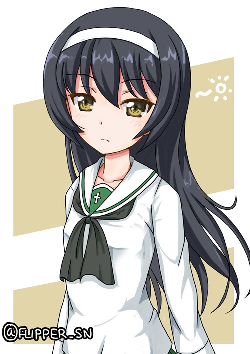 1girl bangs black_hair black_neckwear blouse brown_background brown_eyes closed_mouth commentary eyebrows_visible_through_hair flipper frown girls_und_panzer hairband light_blush long_hair long_sleeves looking_at_viewer neckerchief ooarai_school_uniform reizei_mako school_uniform serafuku sleepy solo standing twitter_username upper_body white_blouse white_hairband