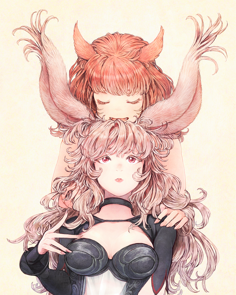 2girls animal_ears bangs breasts cat_ears choker cleavage_cutout closed_eyes facial_mark facing_viewer fangs final_fantasy final_fantasy_xiv hands_on_another's_shoulders head_on_head long_hair looking_at_viewer medium_breasts miqo'te mozuku_(mozuuru0323) multiple_girls open_mouth pink_hair rabbit_ears red_eyes see-through simple_background upper_body viera whisker_markings yellow_background