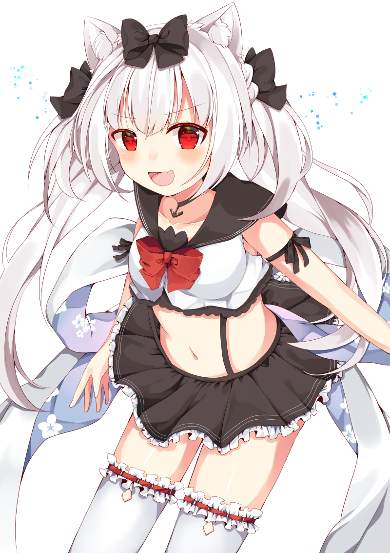 1girl :d animal_ear_fluff animal_ears azur_lane bangs bare_shoulders black_bow black_sailor_collar black_skirt blush bow breasts cat_ears commentary_request eyebrows_visible_through_hair fang frilled_legwear frilled_skirt frills hair_bow long_hair looking_at_viewer maki_soutoki midriff navel open_mouth pleated_skirt red_eyes sailor_collar shirt silver_hair skirt sleeveless sleeveless_shirt small_breasts smile solo thigh-highs twintails very_long_hair white_background white_legwear white_shirt yukikaze_(azur_lane)