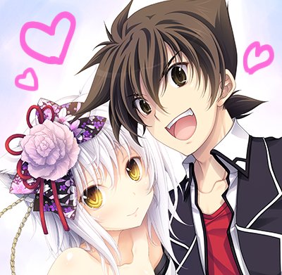 1boy 1girl animal_ears brown_eyes brown_hair cat_ears commentary_request heart high_school_dxd kaji_yuuki lowres miyama-zero seiyuu_connection smile taketatsu_ayana white_hair yellow_eyes