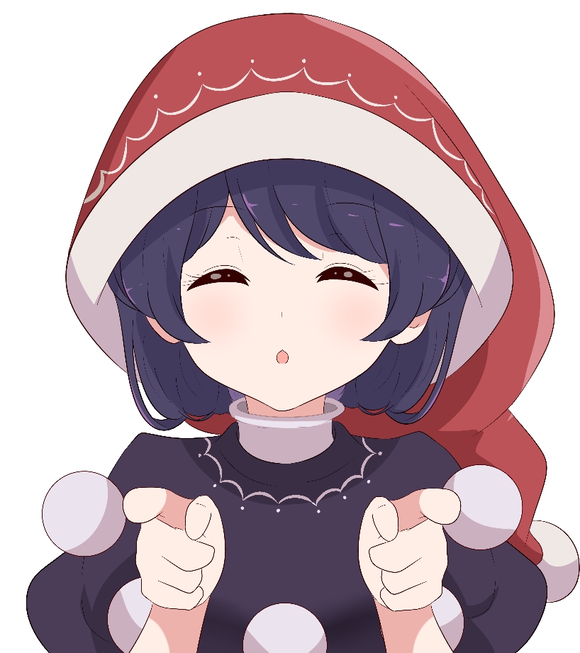 1girl :o ^_^ bangs black_dress blue_hair blush closed_eyes commentary doremy_sweet dress english_commentary eyebrows_visible_through_hair facing_viewer hands_up hat nightcap parted_lips pointing pointing_at_viewer pom_pom_(clothes) red_headwear short_hair short_sleeves simple_background solo touhou upper_body white_background yukome
