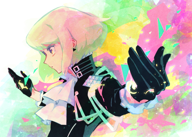 1boy black_gloves black_jacket blonde_hair c_kihara cravat gloves half_gloves jacket lio_fotia male_focus outstretched_arms promare solo violet_eyes