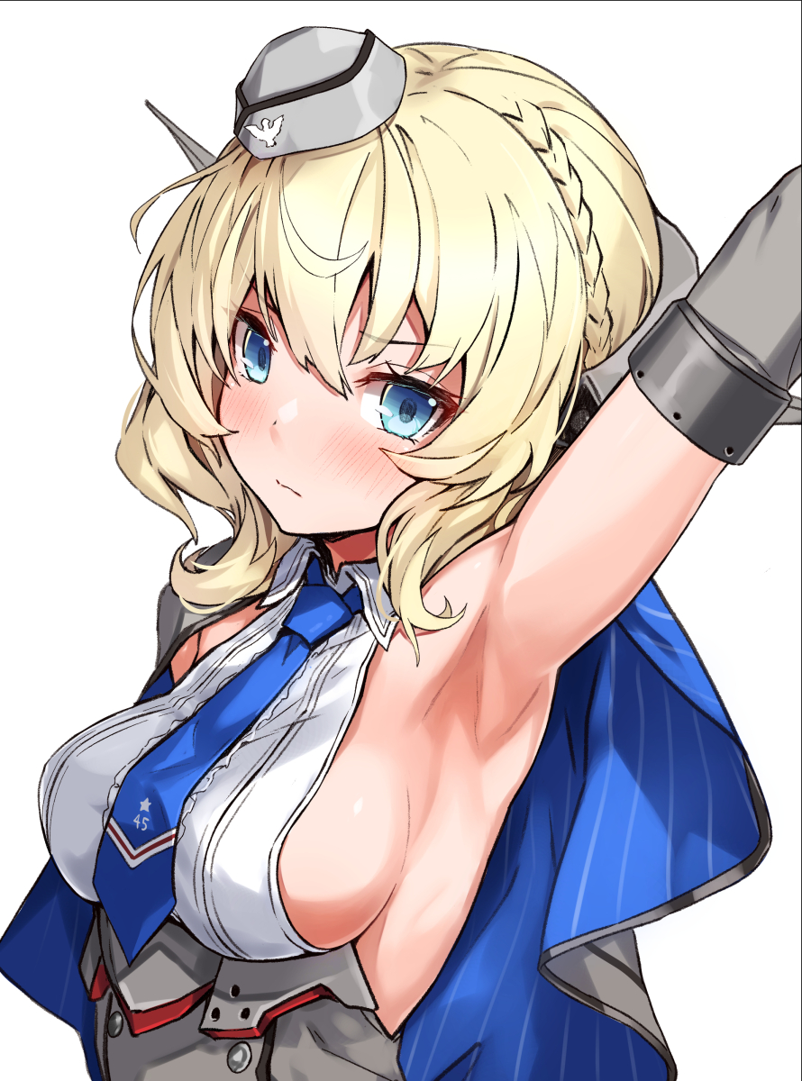 1girl arm_up armpits bare_shoulders blonde_hair blue_eyes blue_neckwear blush braid breasts buttons capelet closed_mouth colorado_(kantai_collection) commentary_request frown garrison_cap grey_headwear hat headgear highres kantai_collection large_breasts looking_at_viewer mini_hat necktie shirt short_hair sideboob sleeveless sleeveless_shirt solo takanashi_kei_(hitsujikan) upper_body white_shirt wing_collar
