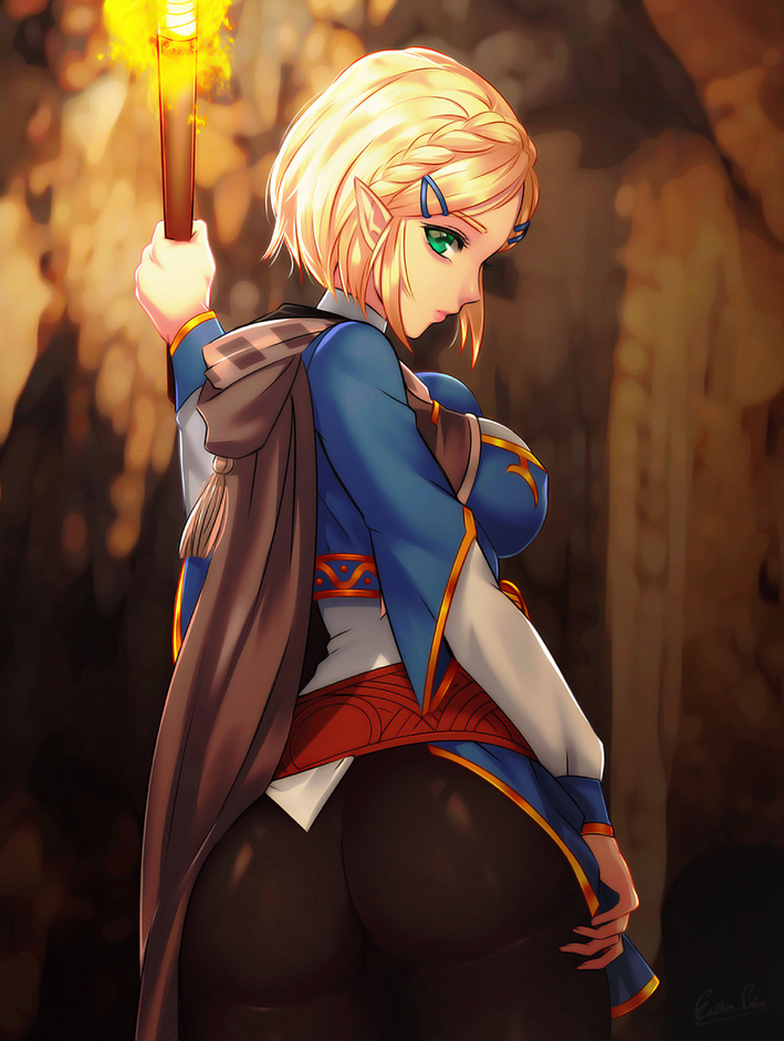 1girl ass blurry blurry_background braid breasts cave cloak covered_nipples esther eyelashes fire green_eyes looking_at_viewer looking_back pants pointy_ears princess_zelda short_hair solo standing the_legend_of_zelda the_legend_of_zelda:_breath_of_the_wild the_legend_of_zelda:_breath_of_the_wild_2 tight tight_pants torch