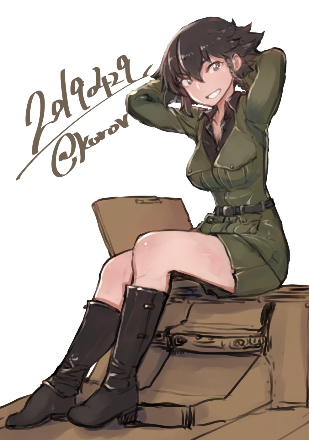 1girl abaratani_kurou anzio_military_uniform arms_behind_head bangs belt black_belt black_footwear black_hair black_shirt boots braid brown_eyes carro_veloce_cv-33 commentary dated dress_shirt girls_und_panzer grey_jacket grey_skirt grin ground_vehicle highres jacket leaning_forward long_sleeves looking_at_viewer military military_uniform military_vehicle miniskirt motor_vehicle on_vehicle pencil_skirt pepperoni_(girls_und_panzer) shirt short_hair side_braid simple_background sitting skirt smile solo tank twitter_username uniform white_background