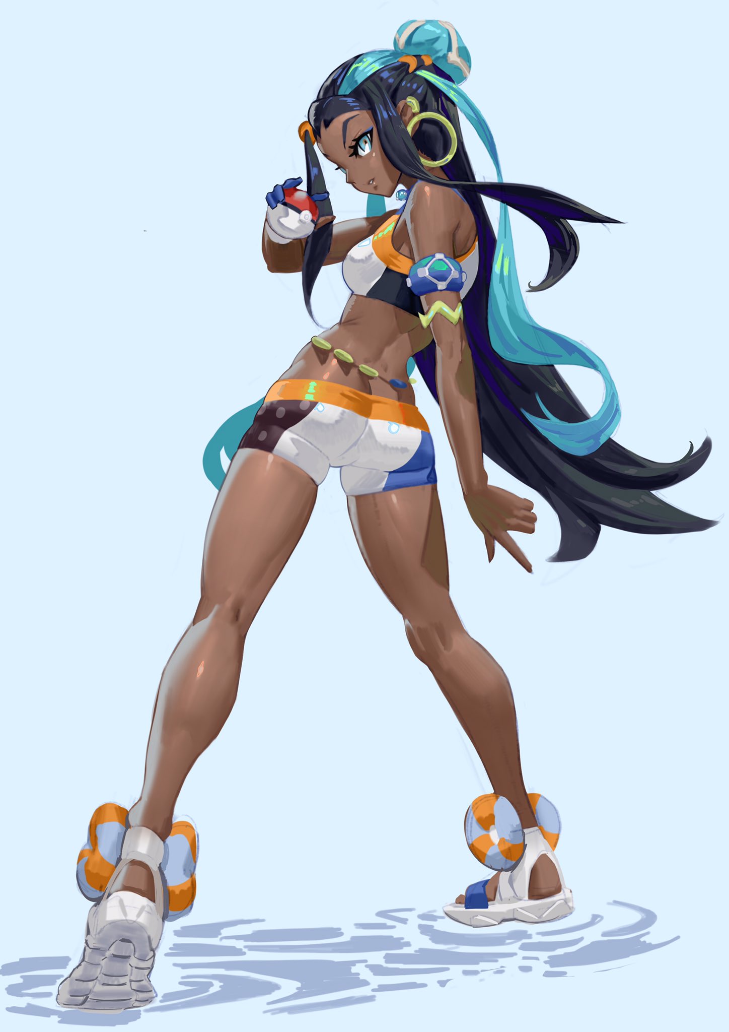 1girl arm_strap athungkaew bare_shoulders belly_chain blue_eyes blue_hair crop_top dark_skin earrings full_body gloves hair_ornament highres hoop_earrings jewelry legs midriff poke_ball pokemon pokemon_(game) pokemon_swsh rurina_(pokemon) sandals short_shorts shorts single_glove solo sportswear