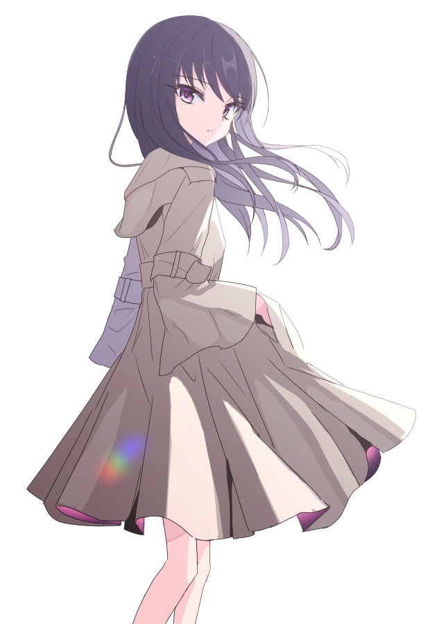 1girl bangs black_hair brown_coat closed_mouth coat eyebrows_visible_through_hair floating_hair from_side hand_in_pocket long_hair long_sleeves looking_at_viewer looking_to_the_side original simple_background solo suzume_anko violet_eyes white_background wide_sleeves