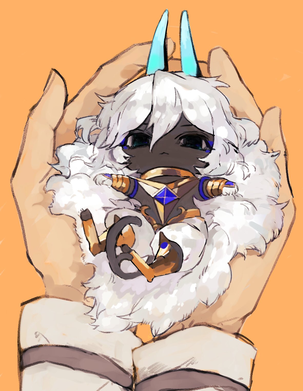 1boy arjuna_alter black_eyes blue_horns cat_tail chibi closed_mouth dark_skin dark_skinned_male fate/grand_order fate_(series) highres horns in_palms long_hair looking_at_viewer orange_background pants simple_background solo_focus tail very_long_hair white_hair white_pants