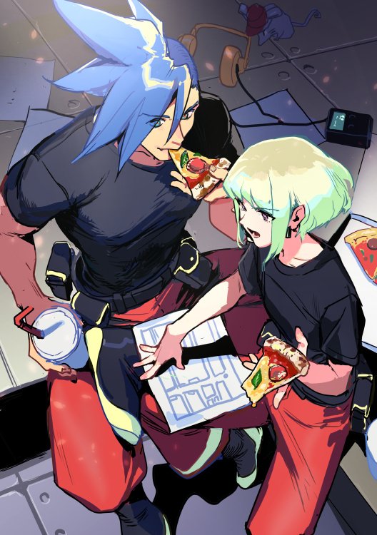 2boys blue_hair earrings eating food galo_thymos green_hair headphones jewelry lio_fotia male_focus mouse multiple_boys nigorokke open_mouth pants pizza promare shirt sitting spiky_hair t-shirt vinny_(promare) violet_eyes