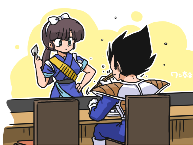 1boy 1girl armor black_hair brown_hair chopsticks crossover dragon_ball dragon_ball_z eating food food_on_face green_eyes kuonji_ukyou ranma_1/2 seiyuu_connection spatula spiky_hair vegeta wanta_(futoshi)