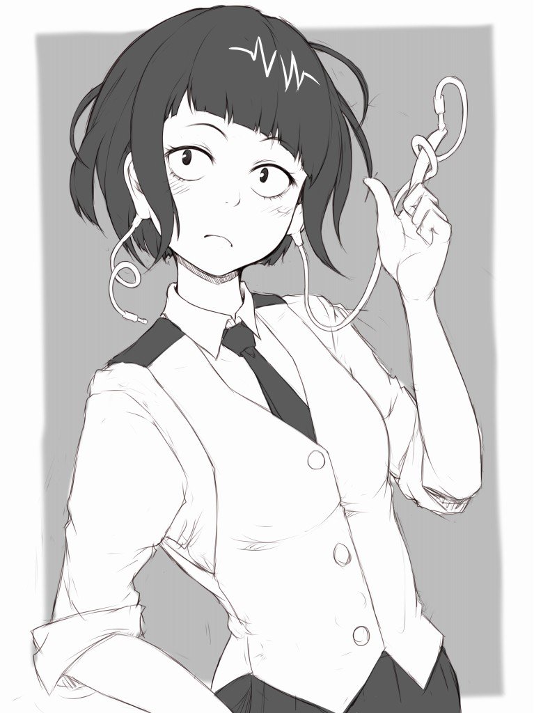 1girl boku_no_hero_academia buttons closed_mouth collared_shirt eyebrows_visible_through_hair grey_background greyscale ina_(gokihoihoi) jirou_kyouka looking_at_viewer monochrome necktie shirt short_hair short_sleeves simple_background skirt solo upper_body