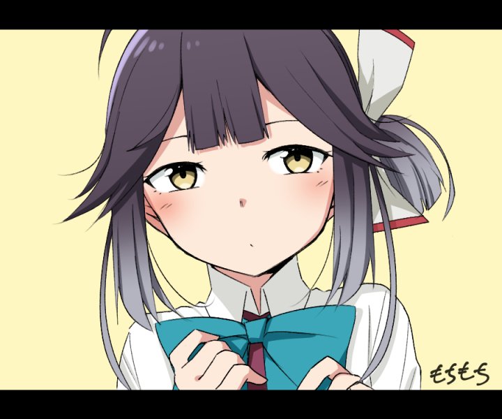 1girl ahoge artist_name black_hair close-up commentary_request hair_ribbon hayanami_(kantai_collection) kantai_collection letterboxed long_sleeves looking_at_viewer moti_coi ponytail ribbon school_uniform shirt short_hair sidelocks simple_background solo upper_body white_ribbon white_shirt yellow_background yellow_eyes