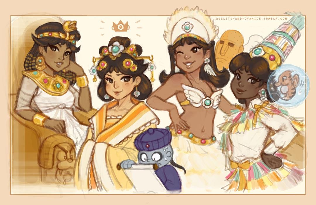 beige_background belly bikini bikini_top black_hair bracelet brown_eyes brown_hair bullets-and-cyanide chinese_clothes chinese_text commentary crown dark_skin earrings easter easter_island egyptian feather_earrings feathers flower_earrings hand_on_hip hand_on_own_cheek hands_together headdress hip_focus jewelry lipstick makeup super_mario_bros. midriff moai navel one_eye_closed pionpi princess_daisy redesign ribbon scroll seahorse smirk sphinx super_mario_bros. super_mario_land swimsuit throne wide_sleeves
