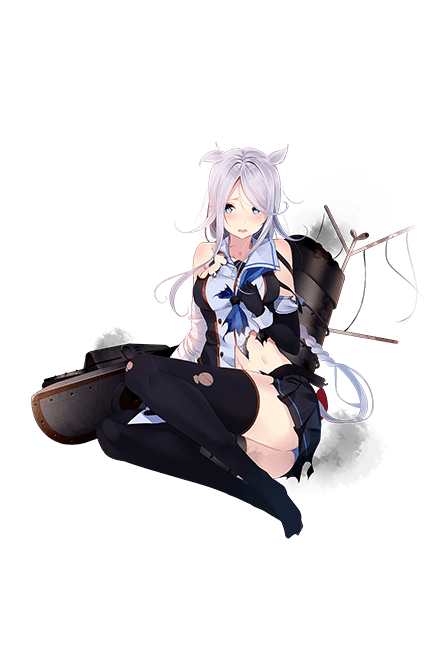 1girl bare_shoulders black_gloves black_legwear black_serafuku black_skirt blue_eyes blue_neckwear blue_sailor_collar blush braid gloves hair_flaps kantai_collection kujou_ichiso long_hair navel neckerchief official_art parted_lips pleated_skirt remodel_(kantai_collection) sailor_collar school_uniform serafuku silver_hair single_braid skirt smoke solo thigh-highs torn_clothes torn_legwear torn_neckerchief transparent_background umikaze_(kantai_collection)