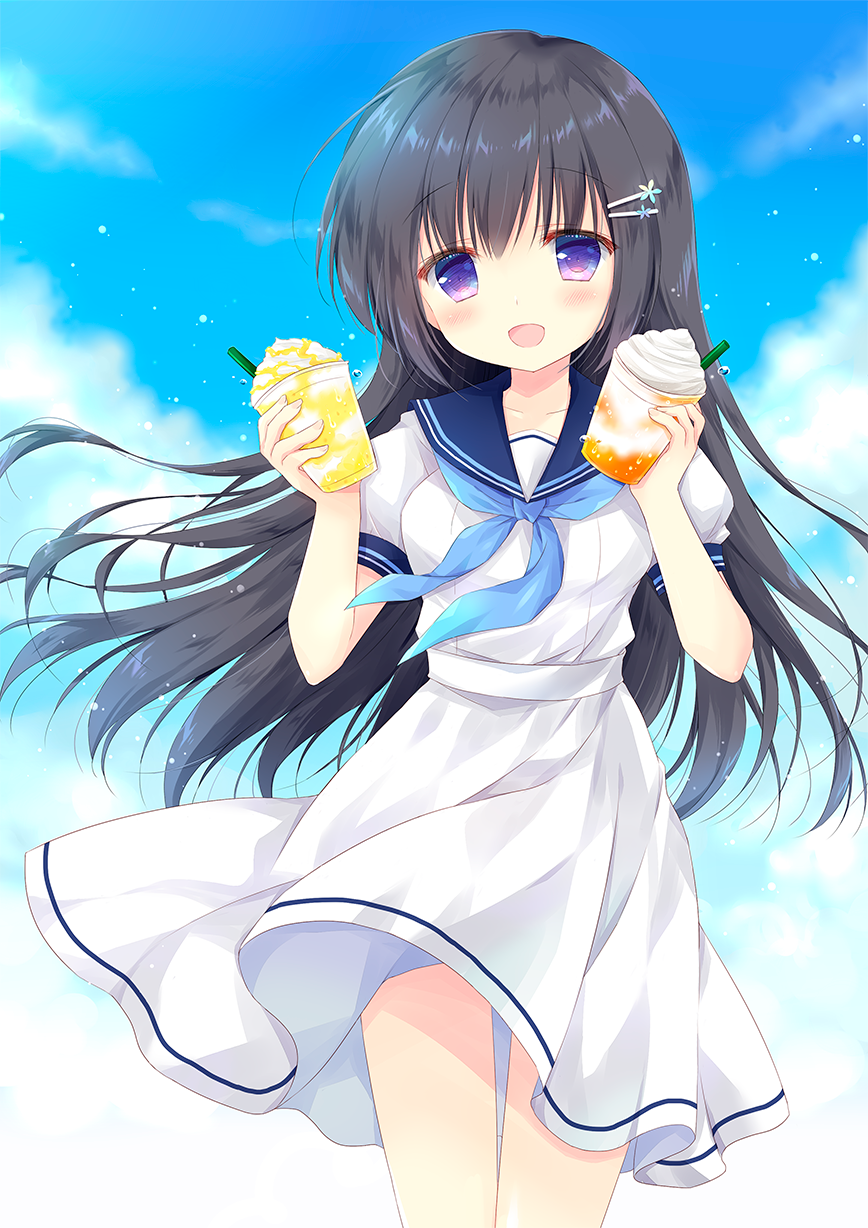 1girl :d bangs black_hair blue_neckwear blue_sailor_collar blue_sky blush clouds cloudy_sky collarbone commentary_request cup day disposable_cup dress drinking_straw eyebrows_visible_through_hair hair_ornament hairclip hasekura_chiaki highres holding holding_cup long_hair neckerchief open_mouth original outdoors puffy_short_sleeves puffy_sleeves sailor_collar sailor_dress short_sleeves sky smile solo very_long_hair violet_eyes white_dress