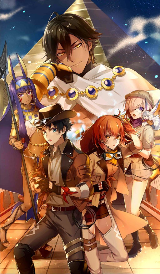 2boys 3girls :o ahoge animal animal_on_shoulder black_gloves black_hair black_pants boots brown_hair cape chaps closed_mouth command_spell commentary commentary_request craft_essence escape_from_the_pyramid fate/grand_order fate/prototype fate/prototype:_fragments_of_blue_and_silver fate_(series) fou_(fate/grand_order) fujimaru_ritsuka_(female) fujimaru_ritsuka_(male) gloves goggles goggles_around_neck goggles_on_headwear hat hat_around_neck helmet holding holding_staff jewelry knee_boots lavender_hair long_hair looking_at_viewer low-tied_long_hair mash_kyrielight midriff multiple_boys multiple_girls necklace nitaka_(fujikichi) nitocris_(fate/grand_order) official_art orange_shirt ozymandias_(fate) pants pith_helmet purple_hair pyramid shirt short_hair shorts side_ponytail smile staff tan tied_shirt white_cape yellow_eyes