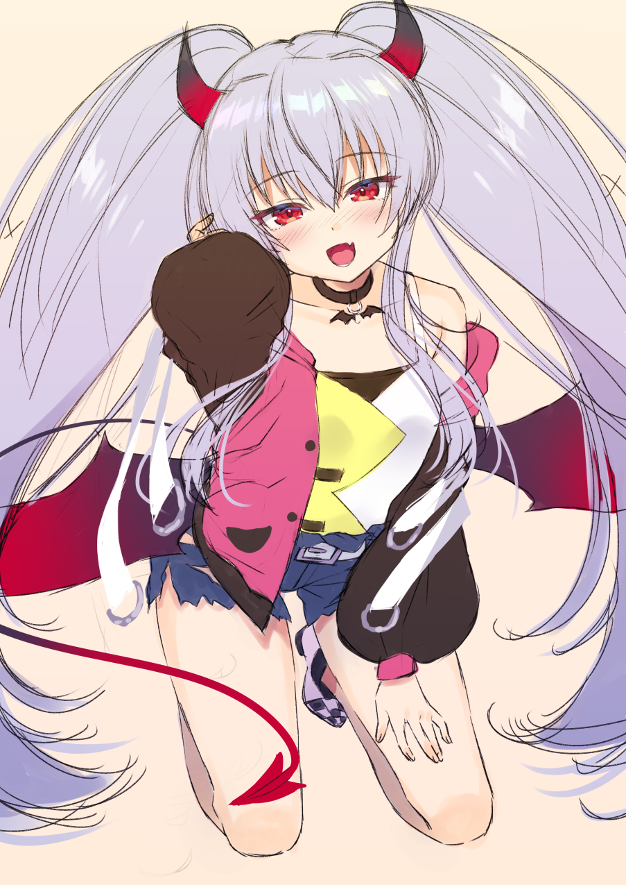 1girl :d bangs bare_shoulders belt belt_buckle black_collar blue_shorts blush brown_background buckle camisole collar collarbone demon_girl demon_horns demon_tail demon_wings evo_grim eyebrows_visible_through_hair fang full_body grey_hair grim_aloe hair_between_eyes hand_up highres honami_(yths4221) horns jacket kneeling long_hair long_sleeves low_wings nose_blush open_clothes open_jacket open_mouth pink_jacket puffy_long_sleeves puffy_sleeves quiz_magic_academy_the_world_evolve red_eyes red_wings short_shorts shorts simple_background smile solo tail twintails very_long_hair white_belt white_camisole wings