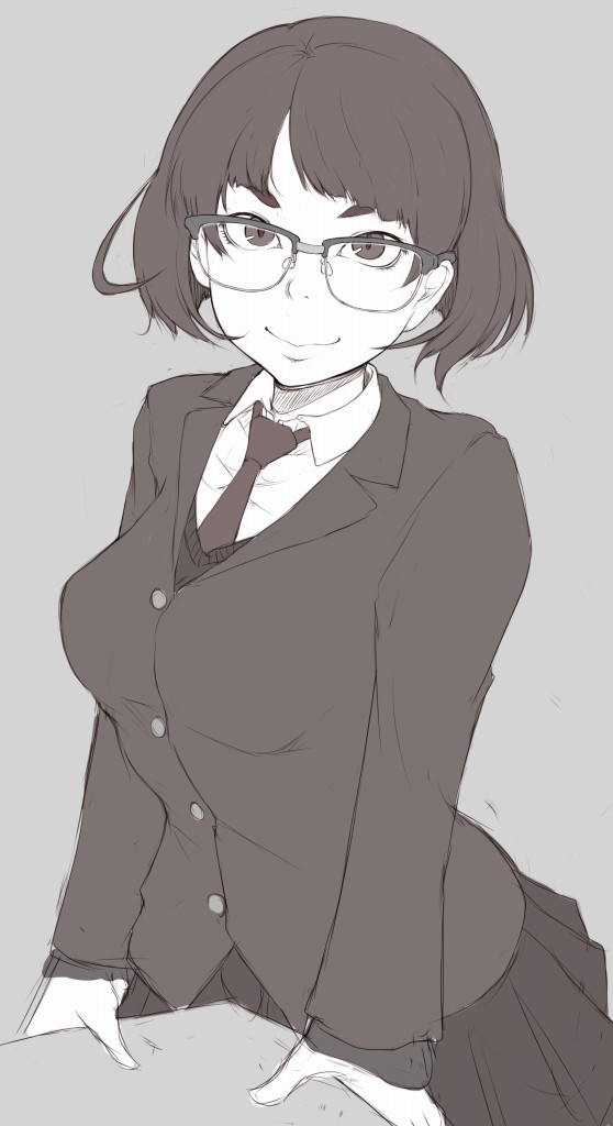 1girl breasts buttons cardigan closed_mouth collared_shirt eyebrows glasses grey_background ina_(gokihoihoi) long_sleeves looking_at_viewer medium_breasts monochrome necktie original school_uniform shirt short_hair simple_background sketch skirt smile solo