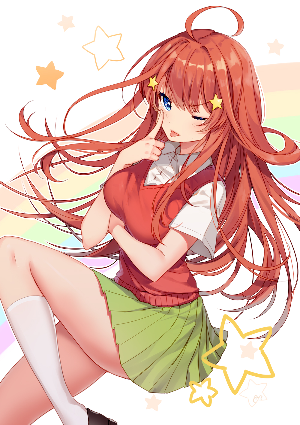 1girl ahoge bison_cangshu black_footwear blue_eyes breasts collared_shirt floating_hair frown go-toubun_no_hanayome green_skirt hair_ornament highres index_finger_raised knee_up kneehighs long_hair looking_at_viewer medium_breasts miniskirt nakano_itsuki one_eye_closed pleated_skirt red_sweater redhead school_uniform shirt shoes short_sleeves skirt solo star star_hair_ornament sweater sweater_vest thighs tongue tongue_out v-shaped_eyebrows white_legwear white_shirt