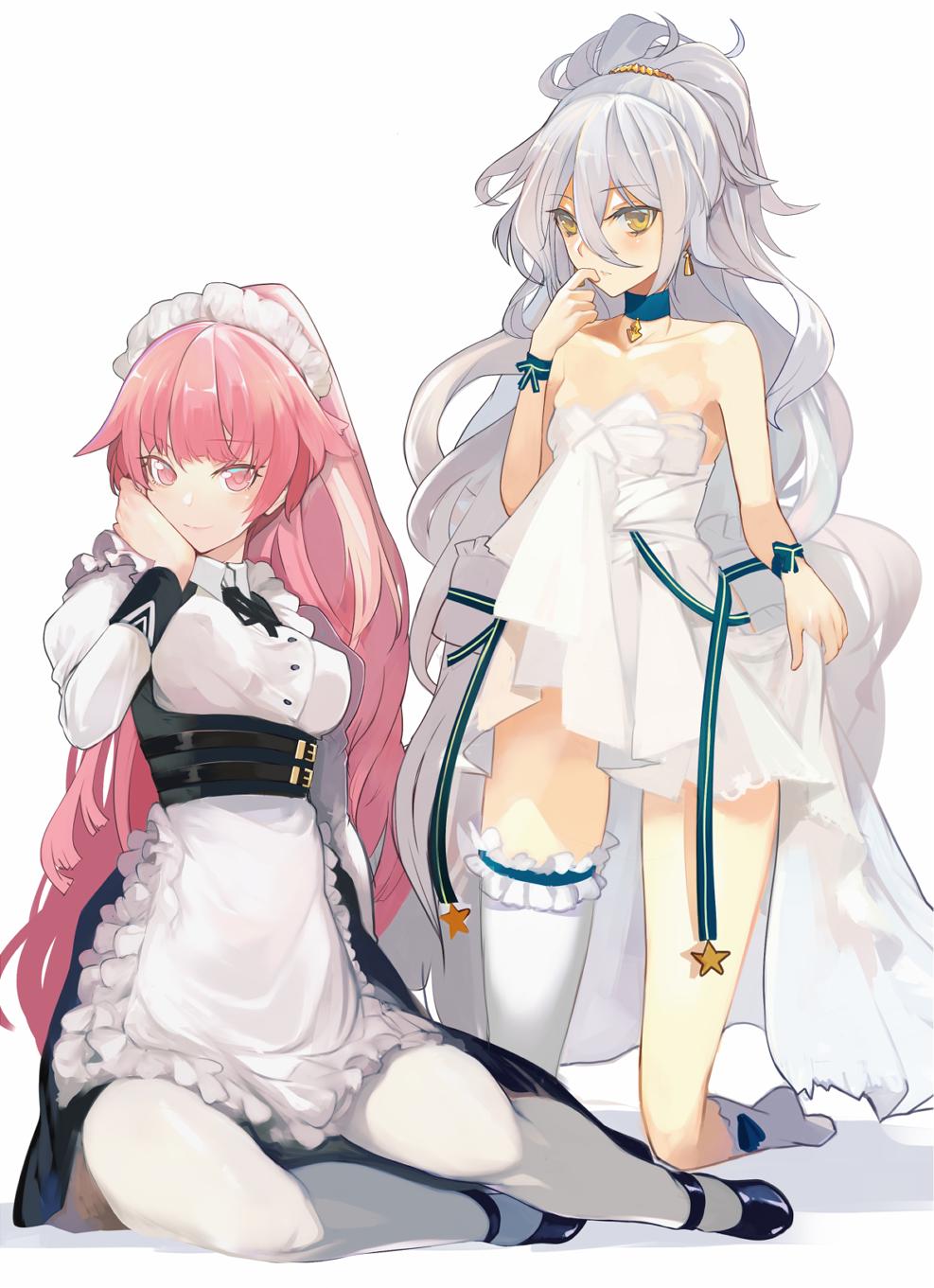 2girls alternate_costume apron chinese_commentary commentary_request dress girls_frontline highres maid maid_apron maid_headdress multiple_girls ntw-20_(girls_frontline) pantyhose pink_eyes pink_hair pkp_(girls_frontline) pupps shoes silver_hair sleeveless sleeveless_dress strapless strapless_dress thigh-highs wedding_dress white_background white_dress white_legwear yellow_eyes