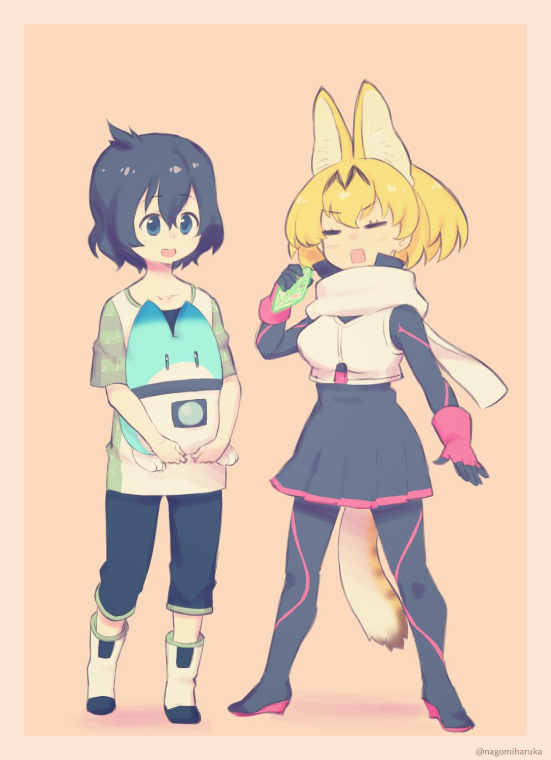 2girls :d =_= animal_ear_fluff animal_ears artist_name bangs black_hair blonde_hair blue_eyes boots closed_eyes commentary_request cosplay creator_connection extra_ears eyebrows_visible_through_hair full_body gloves hair_between_eyes highres kaban_(kemono_friends) kemono_friends kemurikusa kemurikusa_(object) lucky_beast_(kemono_friends) multiple_girls nagomi_haruka open_mouth pants pleated_skirt raglan_sleeves rin_(kemurikusa) rin_(kemurikusa)_(cosplay) scarf serval_(kemono_friends) serval_ears serval_tail short_hair simple_background skirt smile square_mouth tail thigh-highs thigh_boots twitter_username wakaba_(kemurikusa) wakaba_(kemurikusa)_(cosplay) white_scarf